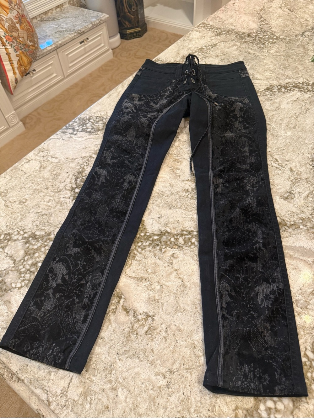 Roberto Cavalli Black Lace-Panel Straight-Leg Jeans with Lace-Up Front
